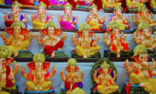 Idols of Lord Ganesha for sale at Pune, Maharashtra, India.