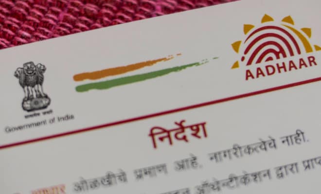 An Aadhaar biometric identity card, issued by the Unique Identification Authority of India, in Mumbai.