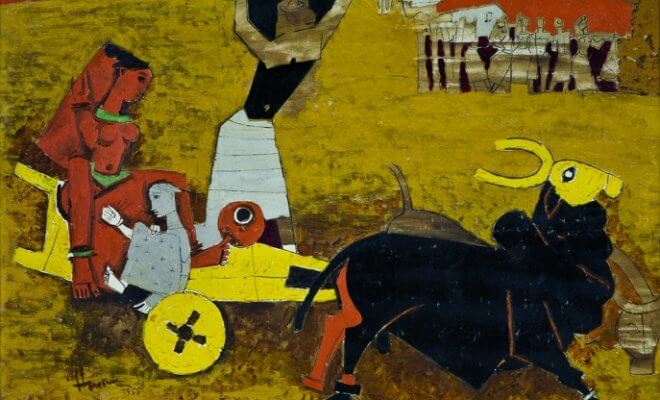 Photo: M. F. Husain. Yatra,1955. Oil on canvas. H. 33 1/2 x W. 42 1/2 in. (85.1 x 108 cm). Collection Kiran Nadar Museum of Art, New Delhi. Collection Kiran Nadar Museum of Art, New Delhi. Asia Society