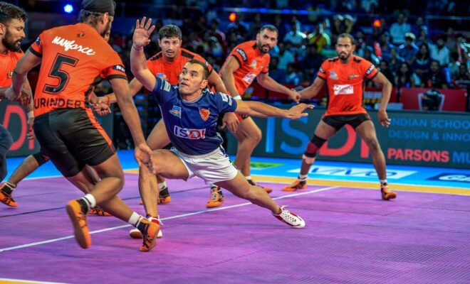 Kabaddi players during a match in Nagpur, India, Aug. 5, 2017.