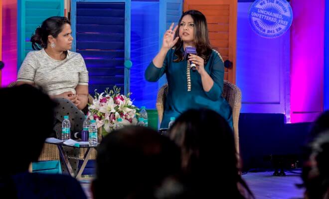 The writer Sandhya Menon, left, and the Bollywood actress Tanushree Dutta speak about sexual harassment in Bangalore, India.