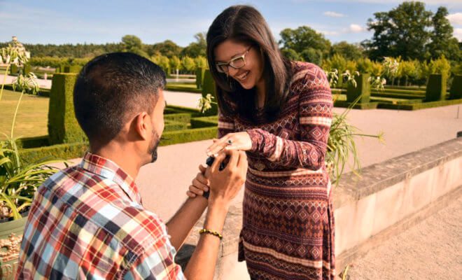 In an undated photo provided by Caroline Amira El Sineity, Deepak Panjwani proposes to Chloe Stein with a