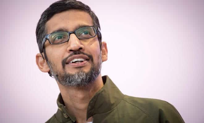 Google CEO Sundar Pichai speaks during the Google I/O Developers Conference in Mountain View, California, on May 8, 2018.