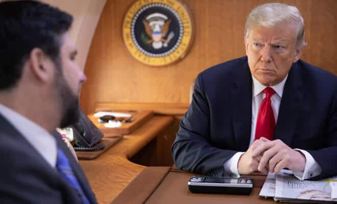 Pres Donald J. Trump is briefed aboard Air Force One about the mass shooting at the Tree of Life Synagogue in Pittsburgh, Pennsylvania.