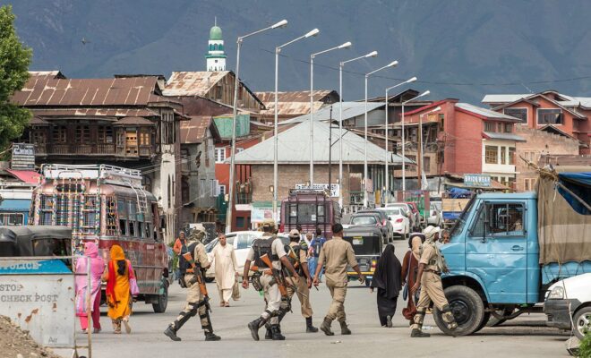 Srinagar, India - June 15, 2017: Indian army patrol on the streets of Srinagar in Kashmir.