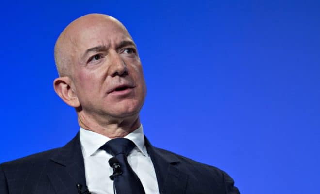 Amazon founder and CEO Jeff Bezos speaks in National Harbor, Maryland, U.S., on Sept. 19, 2018.